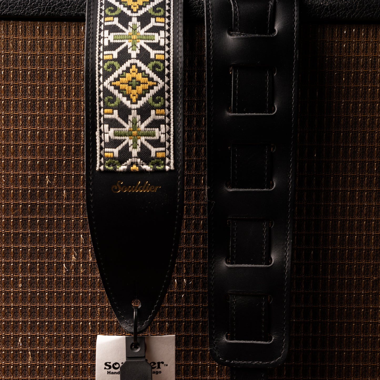 Souldier San Quentin Gold Green Torpedo Black Leather Guitar Strap