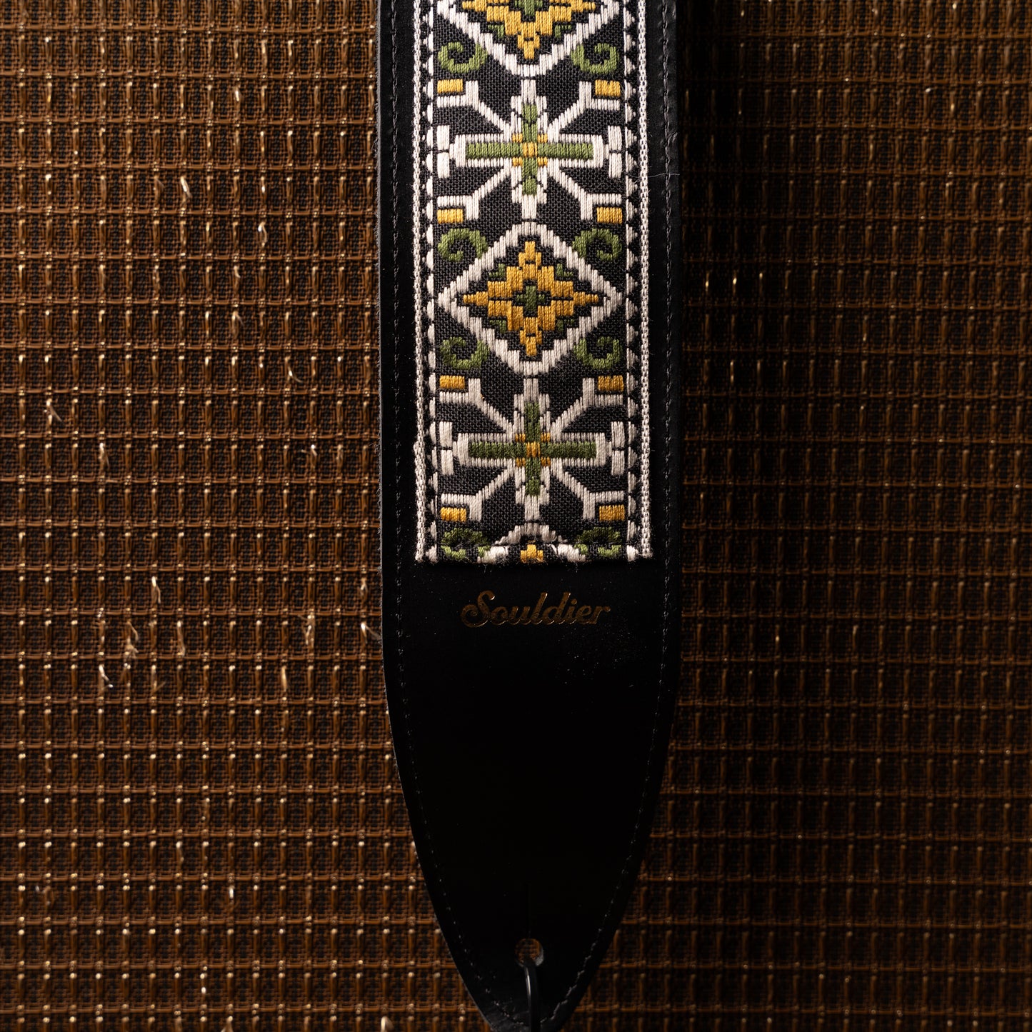 Souldier San Quentin Gold Green Torpedo Black Leather Guitar Strap