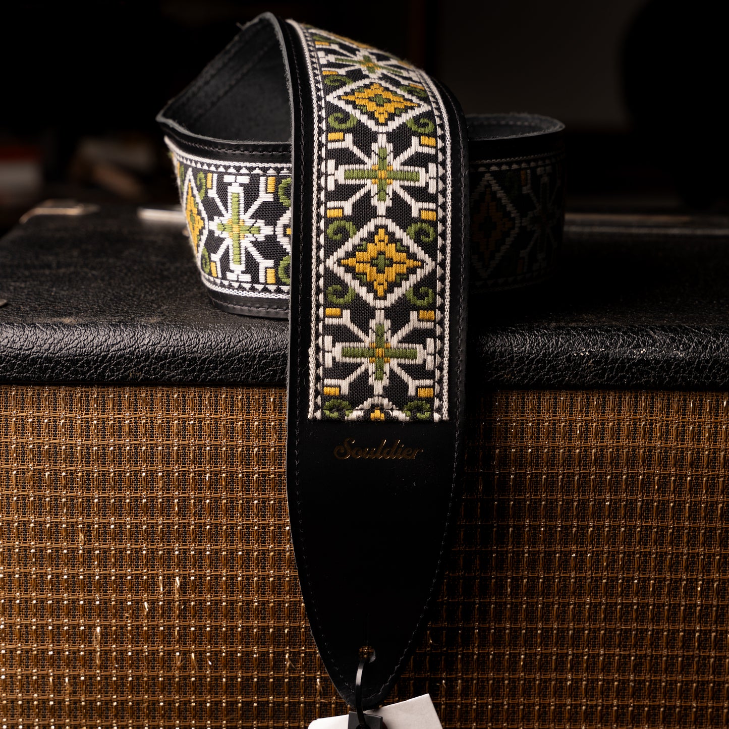 Souldier San Quentin Gold Green Torpedo Black Leather Guitar Strap