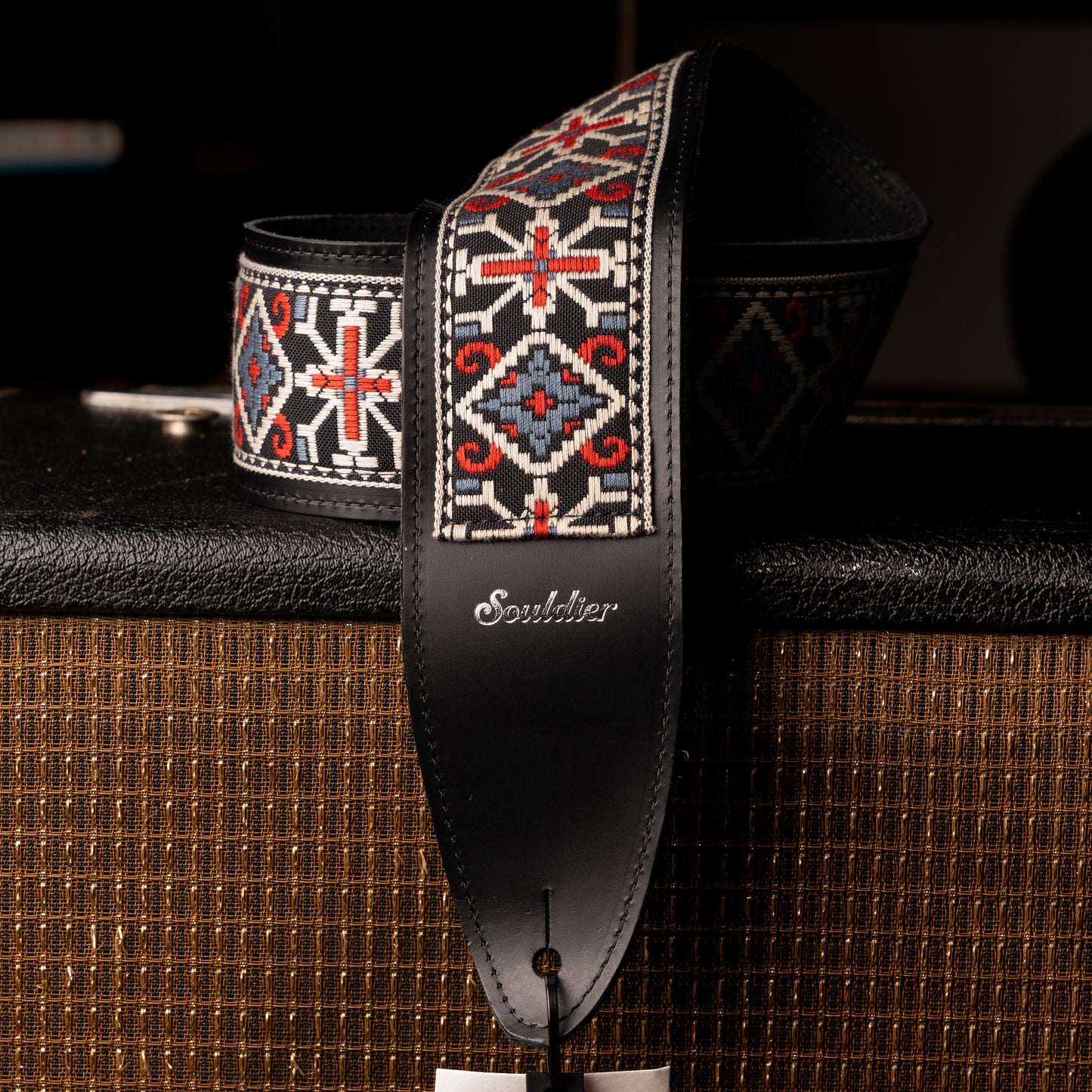 Souldier San Quentin Red Blue Torpedo Black Leather Guitar Strap